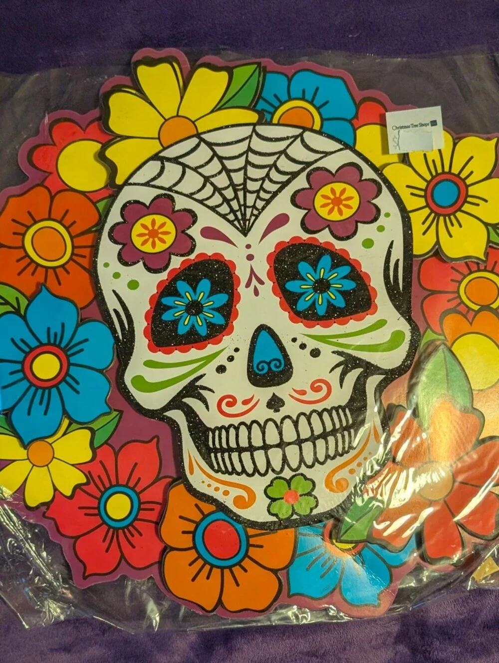 NWT Day of the Dead Sugar Skull Wall Hanging Halloween Glitter Sign